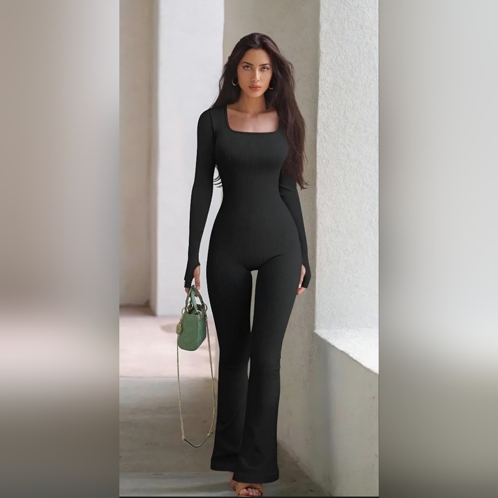 OQQ Women Yoga Jumpsuit Ribbed Exercise Long Sleeve Top Bell Bottoms Flare  Sz L